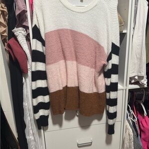 Hem & Thread Colorblock Crewneck Sweater in White, Pink & Brown